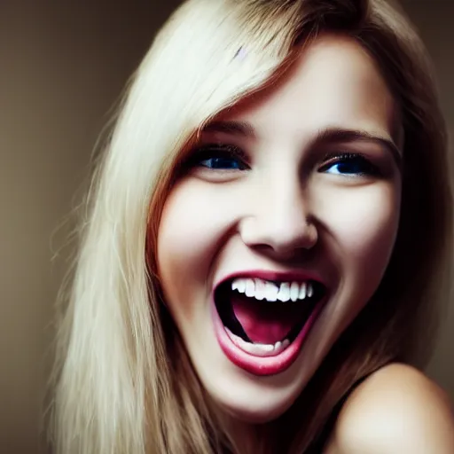 Prompt: young blonde woman with long fangs