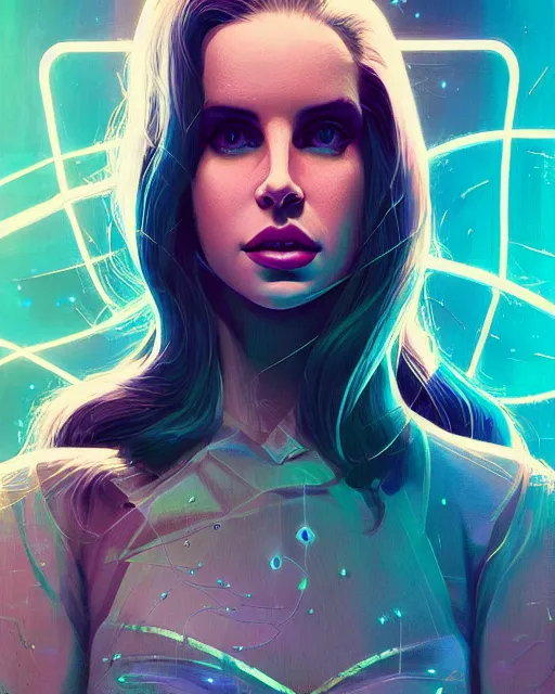 Image similar to portrait of lana del rey as a cyborg. intricate abstract. intricate artwork. by tooth wu, wlop, beeple, dan mumford. octane render, trending on artstation, greg rutkowski very coherent symmetrical artwork. cinematic, hyper realism, high detail, octane render, 8 k, iridescent accents