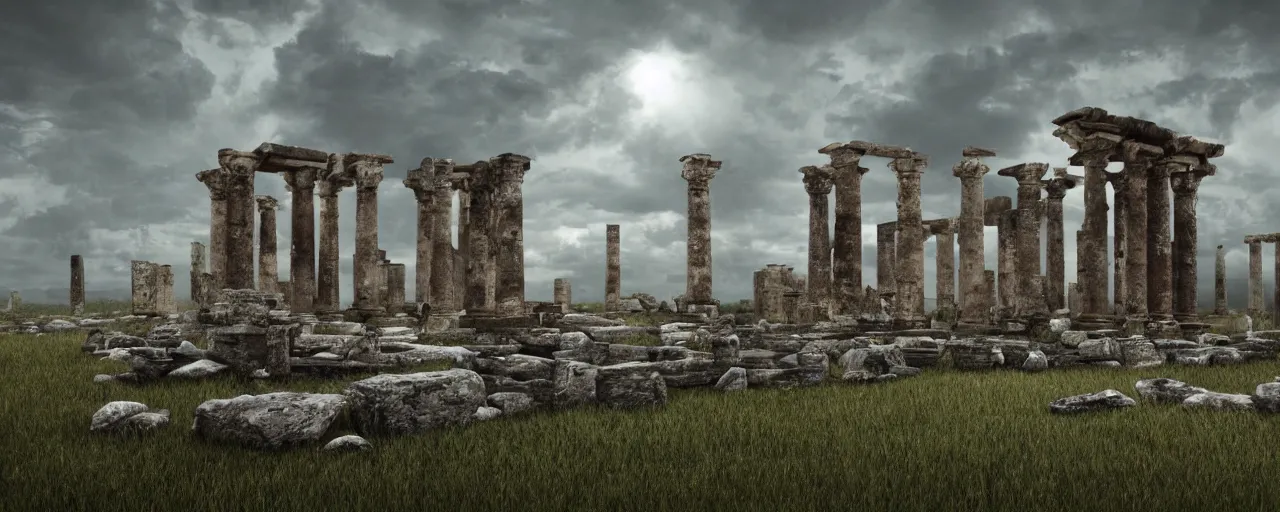 Image similar to an ancient ruined temple of the old Pagan Gods, 8k hyper realistic, Photorealistic, rendered by Octane