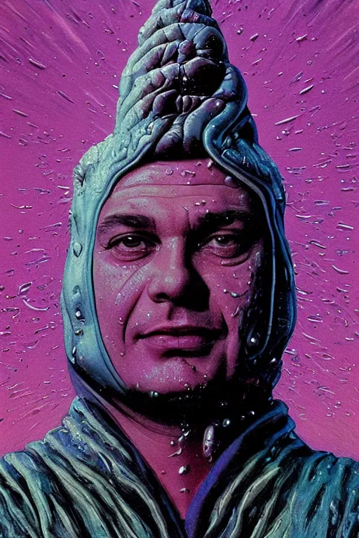 Image similar to 8 0 s art deco close up portait of viktor orban as shai hulud, rain like a dream oil painting curvalinear clothing cinematic dramatic cyberpunk textural fluid lines otherworldly vaporwave interesting details fantasy lut epic composition by basquiat zdzisław beksinski james jean artgerm rutkowski moebius francis bacon gustav klimt