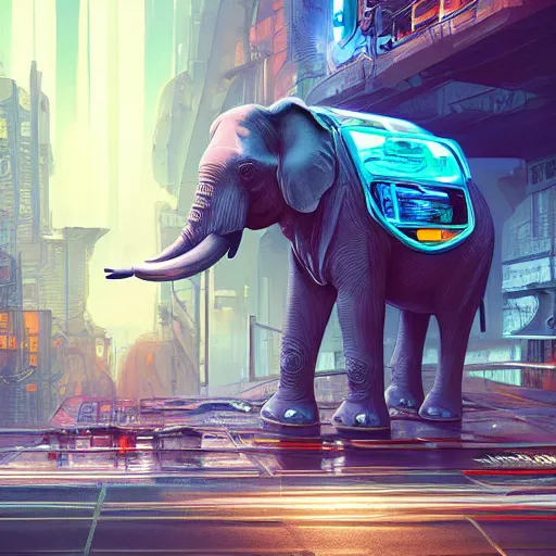 Image similar to elephant in futuristic cyberpunk city, flying cars on background, acrilic paint, digital, artstation, detailed intricate ink illustration, heavenly atmosphere, digital art, overdetailed art, concept art, complementing colors, trending on artstation, cgstudio, the most beautiful image ever created, dramatic, subtle, details, award winning artwork, beautiful scenery