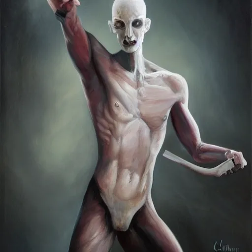 Prompt: fantasy painting of a pale man with a black blade covered in runes, painted by Michael Whalen, ultra detailed, 8k