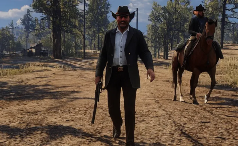 Prompt: Screenshot of Mariano Rajoy in Red Dead Redemption 2,