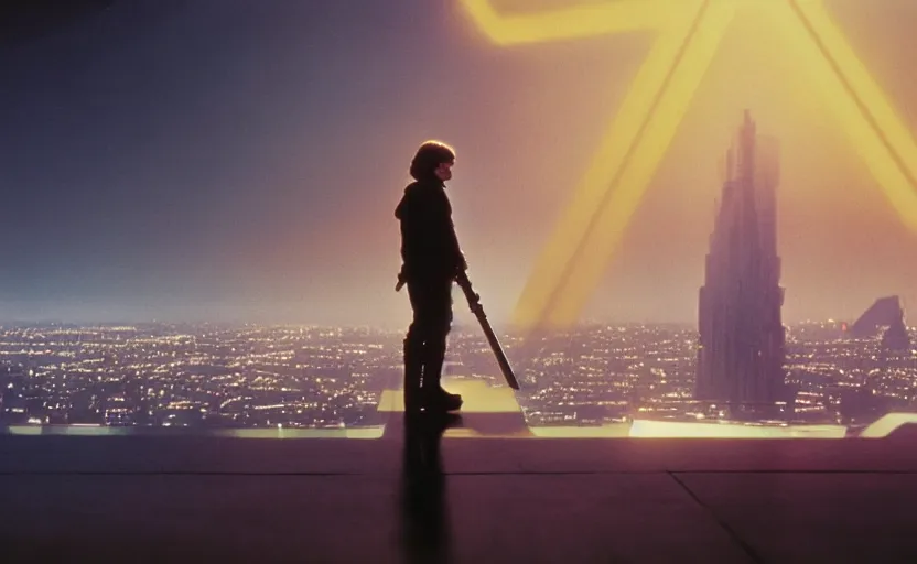 Image similar to iconic cinematic still portrait shot of luke skywalker downtrodden standing with a view of coruscant at sunset, from the thrilling scene from the 1 9 9 0 s sci fi film directed by stanley kubrick, moody cinematography, foggy volumetric lighting, hyper detailed scene, anamorphic lenses 2 4 mm, lens flare, award winning