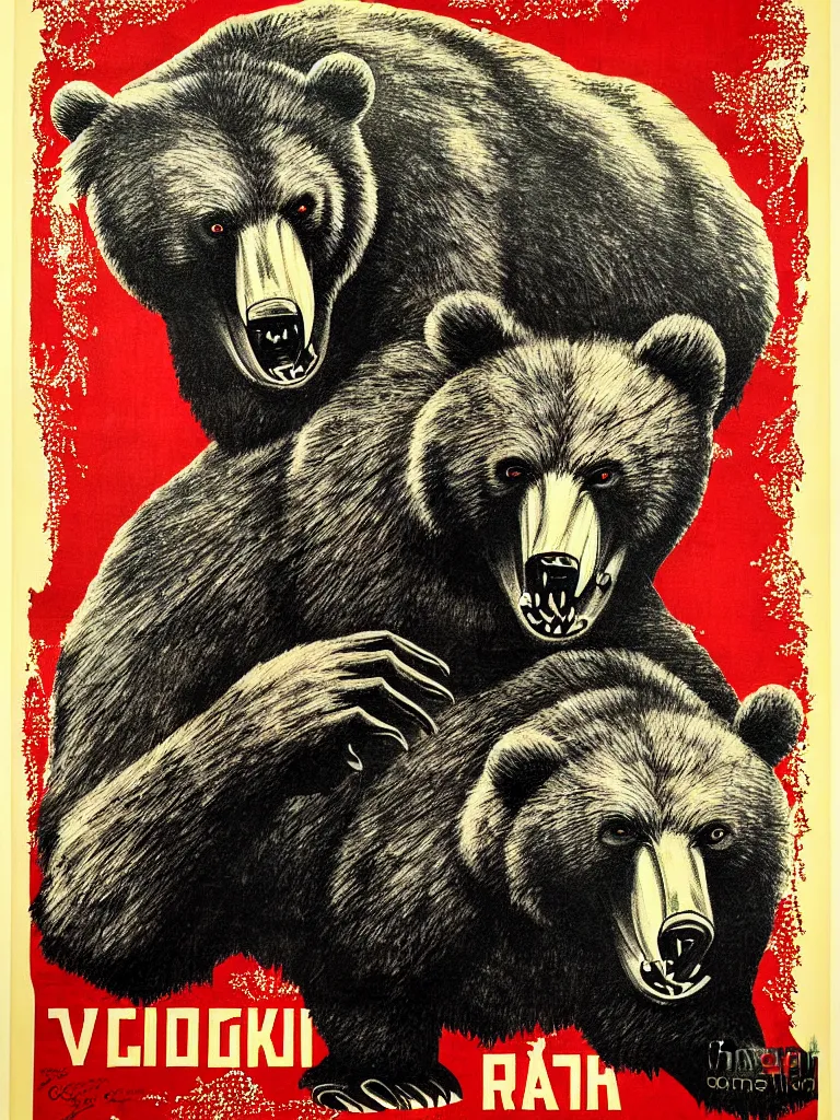 Prompt: photograph of a WW2 anti-Soviet poster, Vladimir Putin portrait, as a rabid bear, macabre, textured , highly detailed, fine illustration, modern colors , by Wiktor Gorka