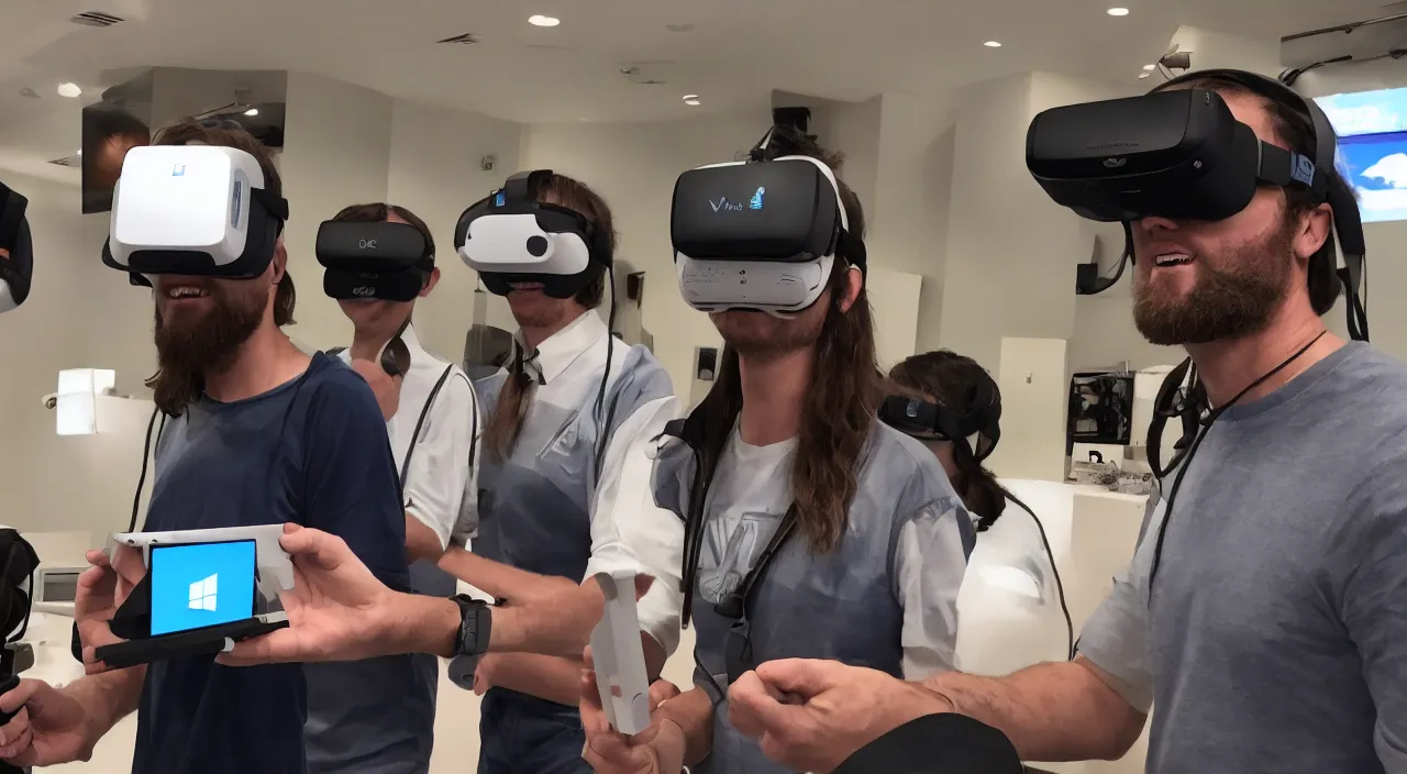 Prompt: Jesus Christ teaching his disciples how to install Windows 11 using VR. Photo realistic.