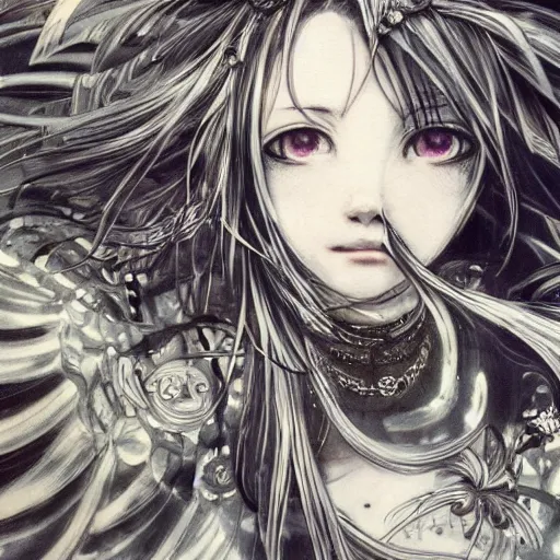 Image similar to yoshitaka amano blurred and dreamy illustration of an anime girl with black eyes, wavy white hair fluttering in the wind wearing elden ring armor and crown with engraving, abstract black and white patterns on the background, noisy film grain effect, highly detailed, art by shigenori soejima, renaissance oil painting, weird portrait angle, blurred lost edges, three quarter view