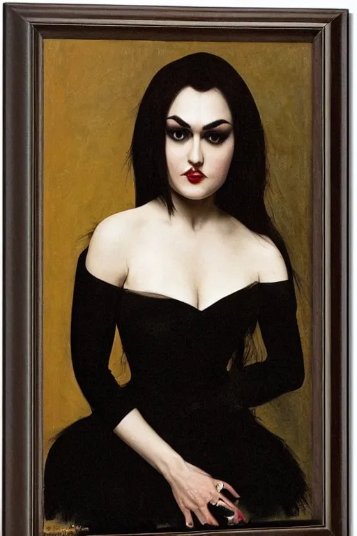 Image similar to upper body portrait sasha grey as morticia addams by alfred stevens