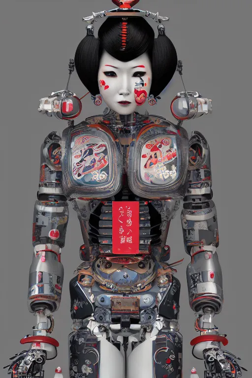 Prompt: full body portrait of a Japanese robot geisha with kanji tattoos and decals wearing a digital kimono, intricate, octane render, ultra fine detailed, character design, trending on artstation