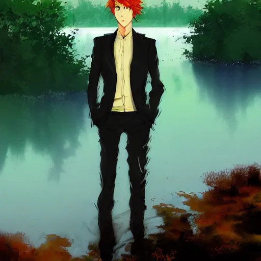 Image similar to stoic young man with red tipped hair that is otherwise green wearing a cream colored suit shedding a single tear standing before a lake in an autumnal forest, digital art, oil painting inspiration, yoji shinkawa inspiration, anime inspiration, artstation