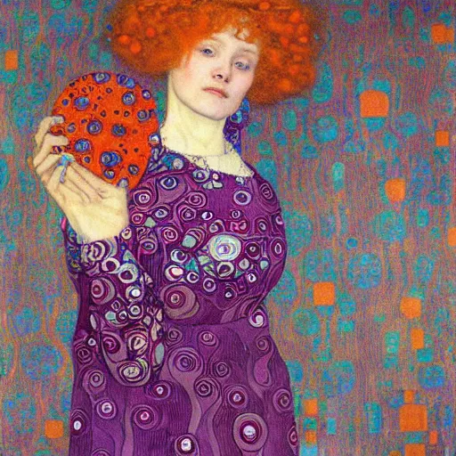 Image similar to An angelic woman with short red hair in light blue garbs by Gustav Klimt, ornate purple background, detailed