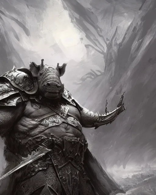 Prompt: Rhino, Anthropomorphized, as warlord general on skull throne, magic the gathering artwork, D&D, fantasy, cinematic lighting, centered, symmetrical, highly detailed, digital painting, artstation, concept art, smooth, sharp focus, illustration, volumetric lighting, epic Composition, 8k, art by Akihiko Yoshida and Greg Rutkowski and Craig Mullins, heroic pose, oil painting, cgsociety, Battlefield background, explosions, arrows