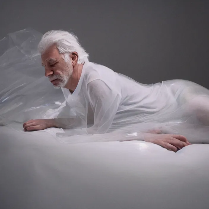 Prompt: a 7 0 year old white haired man lays on a bed, a transparent iridescent figure levitates above him, by favid chipperfield, canon eos c 3 0 0, ƒ 1. 8, 3 5 mm, 8 k, medium - format print