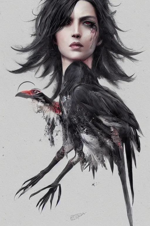 Image similar to beautiful crow full body portrait in the style of greg rutkowski and ayami kojima, trending on artstation, artstationhd, artstationhq, unreal engine, 4 k, 8 k