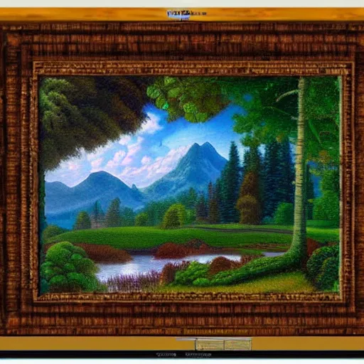 Prompt: a bob ross style painting in the style of thomas kinkade in the style of alex grey in the style of mc escher in the style of davinci in the style of michelangelo