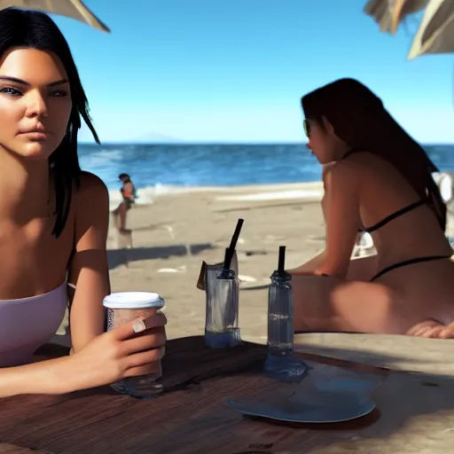 Prompt: kendall jenner eating lunch at the beach, photorealistic, ultra - detailed, hdr shot, unreal engine rendering 4 k