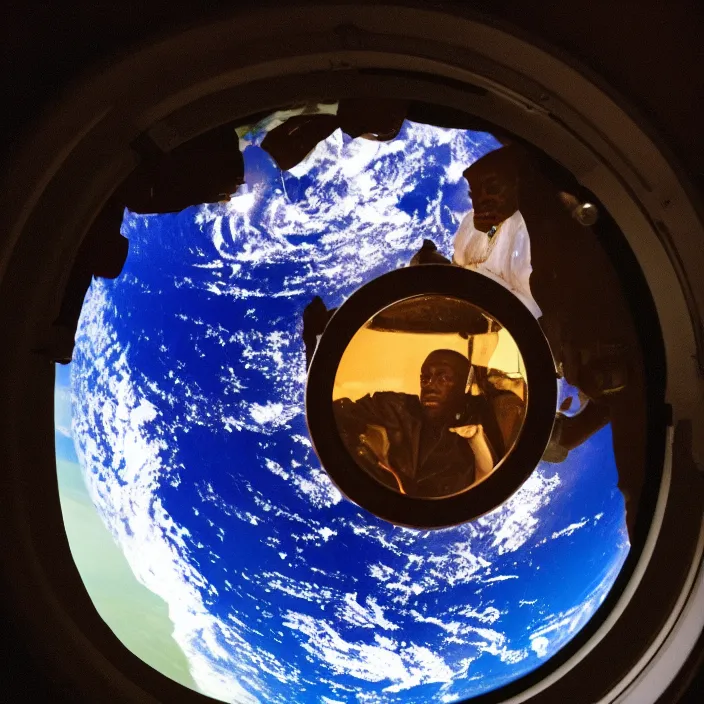 Prompt: analogue photo of an African tribal chief looking at planet earth out the porthole window of a spaceship, planet earth in porthole reflection, close-up, NASA, photo shot by martha cooper, 35mm,