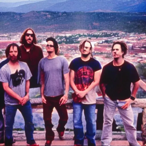 Image similar to movie still of dave matthews band at red rocks amphitheater in the 9 0 s
