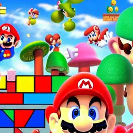 Prompt: Super Mario in a colorful mushroom land