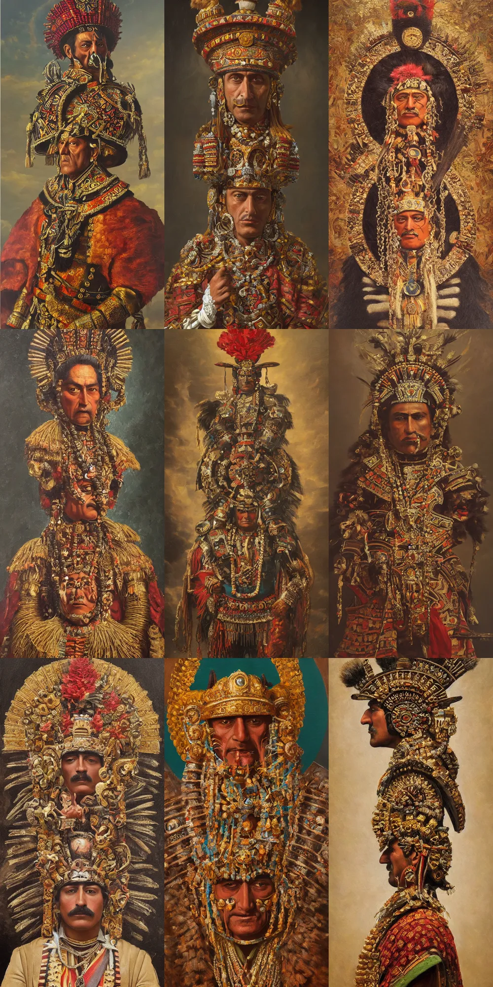 Prompt: a highly detailed romantic period style oil painting of the Aztec emperor Montezuma by Josep Tapiró Baró, trending on artstation, masterpiece, symmetry, fractals, Aztec iconography