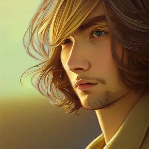 Image similar to young man with shoulder length shiny shimmering golden blond hair, path traced, highly detailed, high quality, digital painting, by studio ghibli and alphonse mucha, leesha hannigan, beautiful details, soft and warm