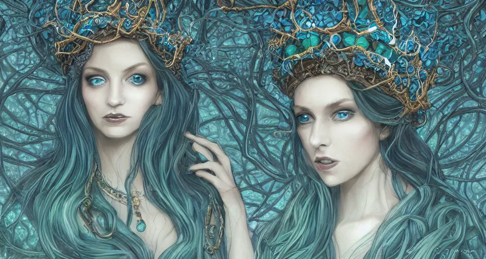 Image similar to detailed portrait of the queen of snakes, pale blue, emerald, sapphire, wearing a crown of vines, nest of vipers, moonlit, dark fantasy concept art, dramatic lighting, artstation