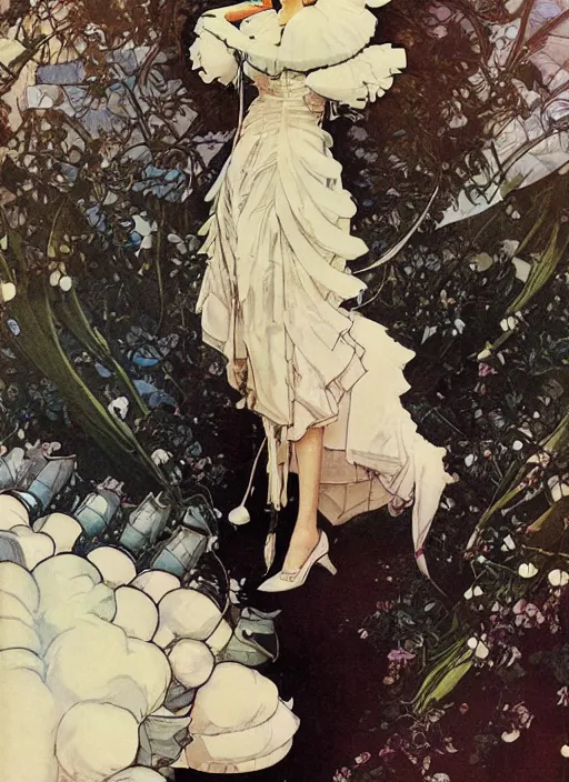 Prompt: a low angle copic maker art nouveau portrait of nobara kugisaki detailed features wearing a puffy futuristic wedding dress designed by balenciaga by john berkey, norman rockwell akihiko yoshida