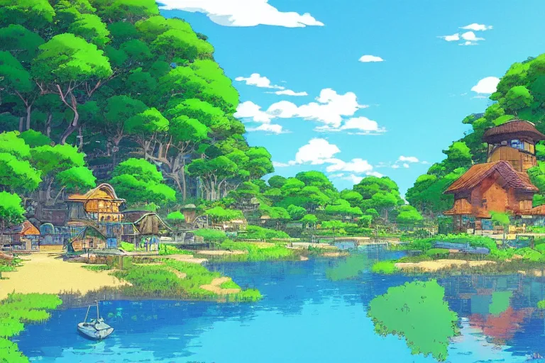 Image similar to landscape of peaceful village with azure blue lake, studio ghibli, anime background, lively colors, high contrast, art by makoto shinkai