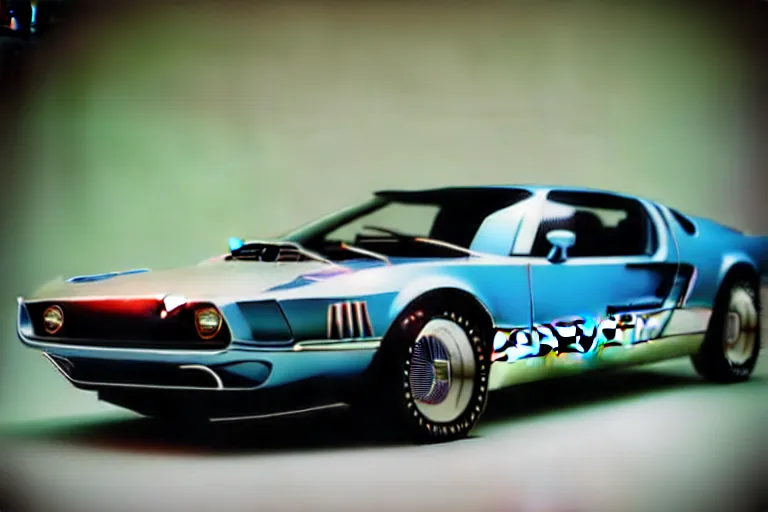 Image similar to designed by john delorean stylized poser of a single 1 9 6 9 fastback mustang ( mk 2 ford gt 4 0 ) delorean, large led lights, ektachrome photograph, volumetric lighting, f 8 aperture, cinematic eastman 5 3 8 4 film