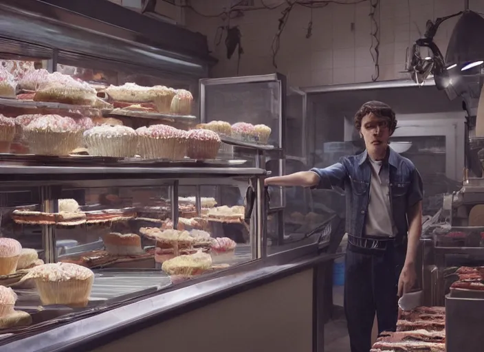 Image similar to film still of the demogorgon working in a bakery in the new stranger things movie, 4 k, highly detailed face, detailed eyes