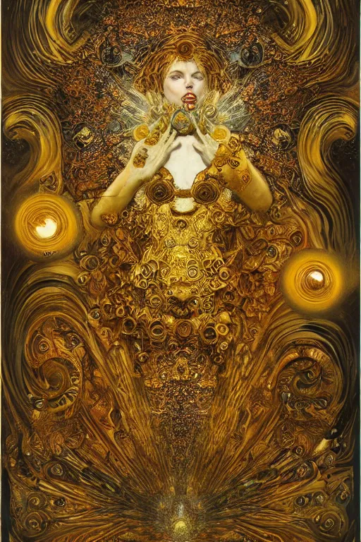 Image similar to Divine Chaos Engine by Karol Bak, Jean Deville, Gustav Klimt, and Vincent Van Gogh, visionary, sacred fractal structures, ornate gilded medieval icon, spirals, 8k 3D