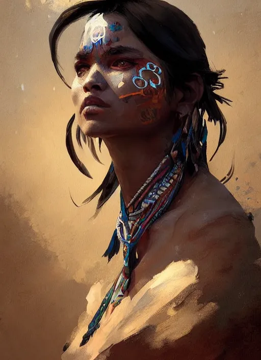 Prompt: A painting of a beautiful tribal woman trending on artstation in the style of Greg Rutkowski