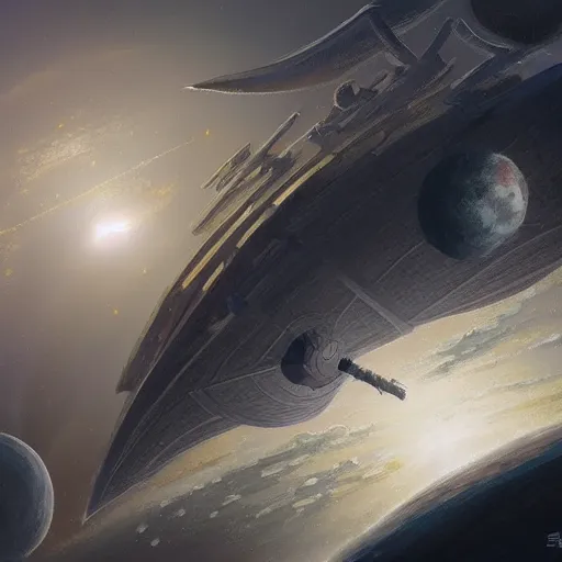 Image similar to concept art of a large space vessel in the shape of an spear by chriss foss