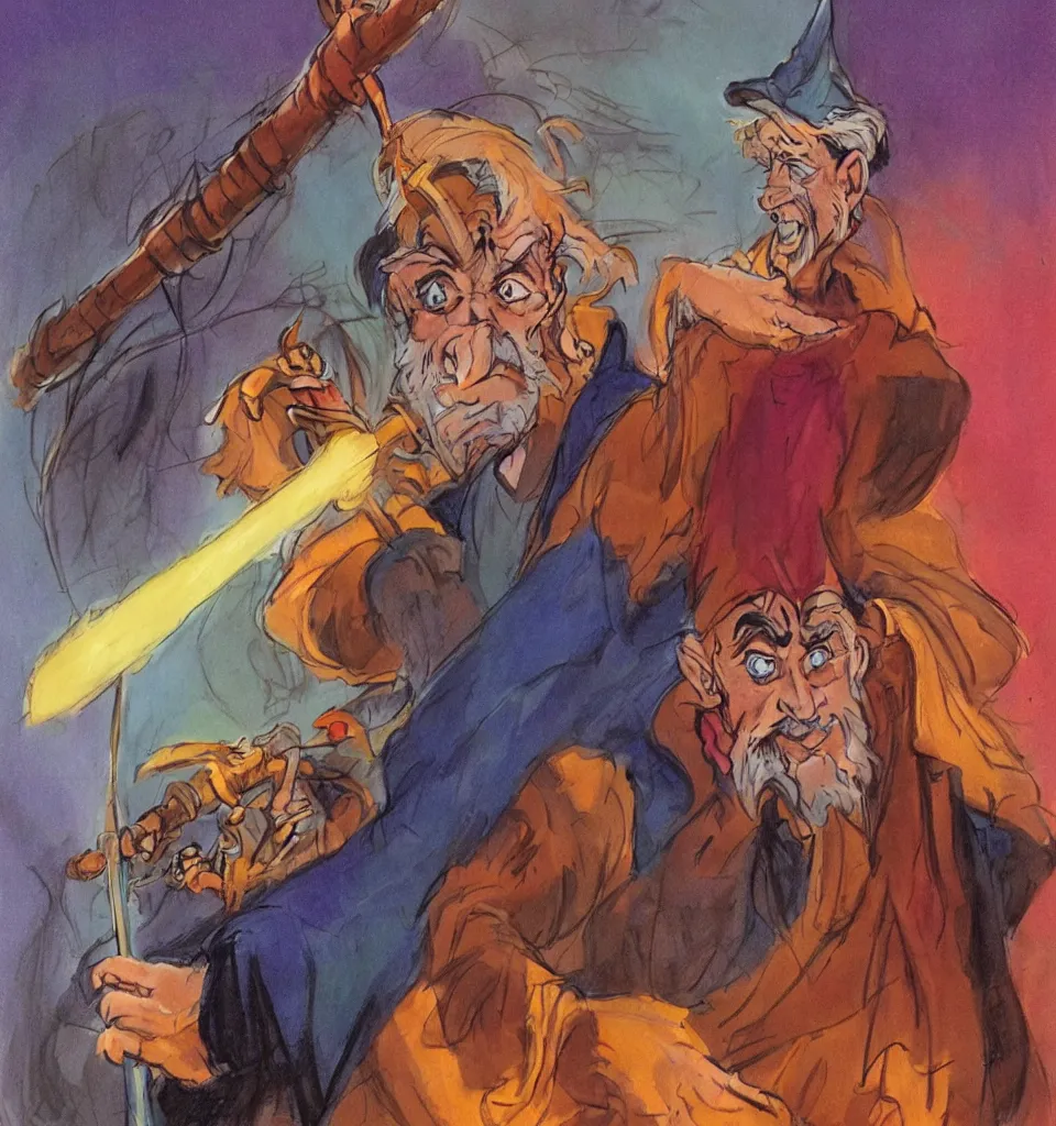 Prompt: colorful portrait of an old wizard with a magic staff, rodel gonzalez, marc davis, milt kahl, jim warren, don bluth, glen keane, jason deamer, rob kaz, character art, concept art,