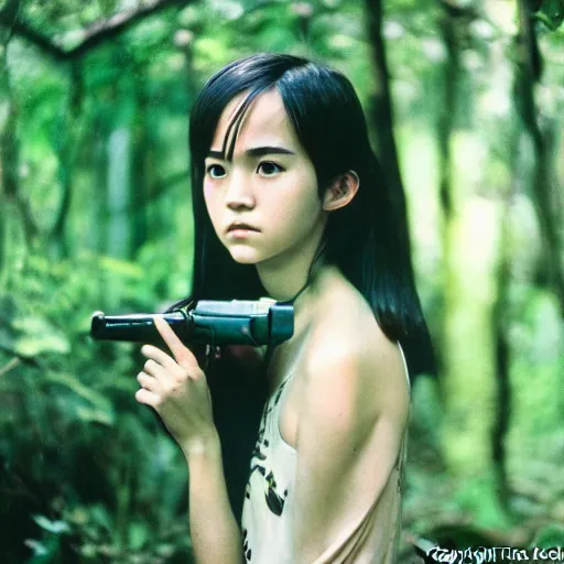 Prompt: japanese version of emma watson, walking through vietnam jungle, portrait, close up, award winning, kodak ektachrome expired blue tint,