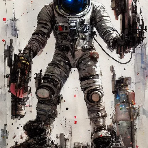 Prompt: astronaut, cyberpunk, realistic, detailed, Industrial Scifi, paint, watercolor, in the style of Ashley Wood and Wadim Kashin