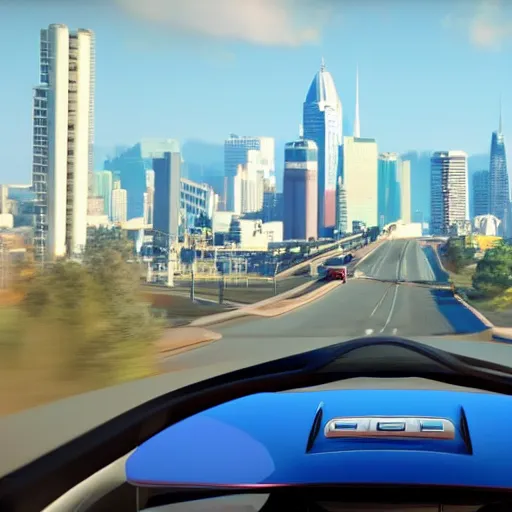 Prompt: a car driving down a road with a city in the background, a screenshot, featured on cg society, playstation 5 screenshot