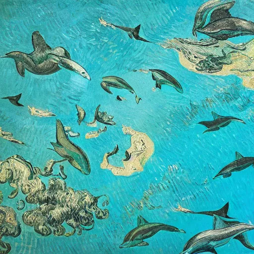 Image similar to tropical islands in turquoise clear ocean filled with dolphins and seaturtles from above vincent van gogh