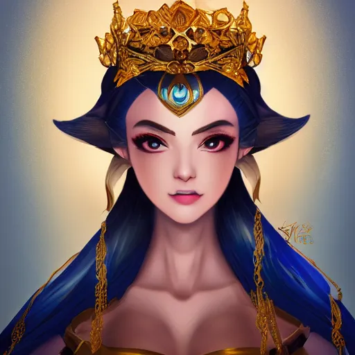 Prompt: a photographic portrait of an heroïc fantasy 30 years old princess with a deep blue saphire and gold diadem by Zhang Jigna, canon 50mm, artstation