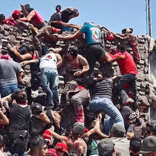 Prompt: thousands of zombified Mexicans attempt to climb Donald Trump’s Mexican border wall, he sprays his minigun at them wildly with rage