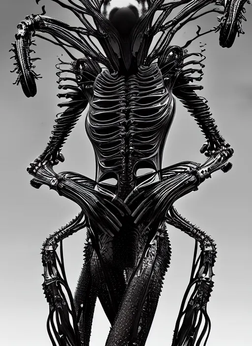 Image similar to iris van herpen gothic inflateble dark dress, perfect symmetrical body, helmet on face, full body shot, alien, plant predator, guyver, giger, wires, tubes, veins, jellyfish, white biomechanical details, wearing epic bionic cyborg implants, masterpiece, intricate, biopunk, vogue, highly detailed, artstation, concept art