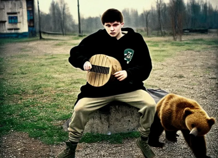 Prompt: 2 0 years old gopnik in adidas costume drinking vodka, while a bear plays on balalaika, soviet yard, typical russian atmosphere, symmetrical, cinematic, real photography