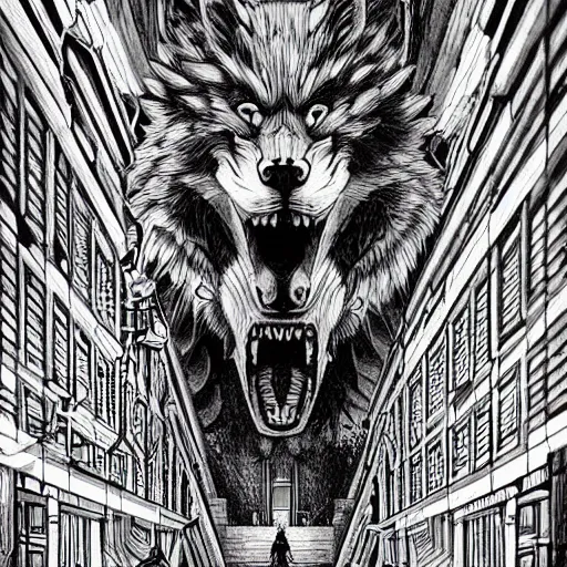 Image similar to a huge howling angry wolf in a huge bright maze of many doorways and lots of stairs, many doorways, inside MC Escher architecture, artstation, Junji Ito, epic composition, detailed background