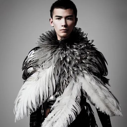 Prompt: a portrait of a beautiful young male wearing an alexander mcqueen armor made of feathers , photographed by andrew thomas huang, artistic