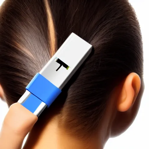 Image similar to usb cable plugged in, back of head, woman, computer, hair clip