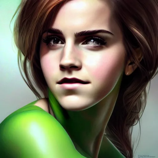 Image similar to emma watson as she hulk, realistic, intricate, elegant, art by artgerm and wlop