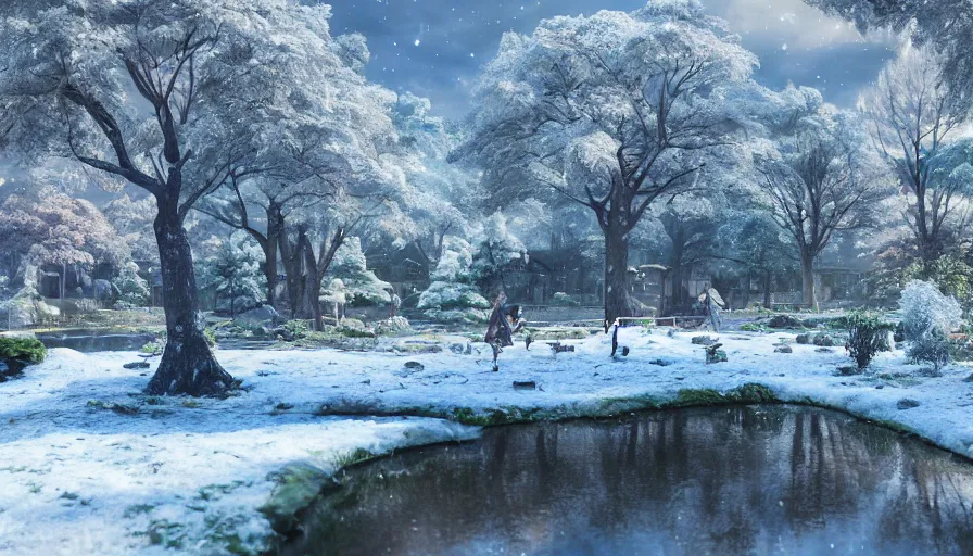 Prompt: a beautiful winter wonderland with a pond, beautiful ancient trees, hiding large treasure chest, serene evening atmosphere, soft lens, soft light, cel - shading, animation, in the style of cgsociety, deviantart, artstation, zbrush, cinema 4 d, studio ghibli, akihiko yoshida, atelier lulua, masamune shirow