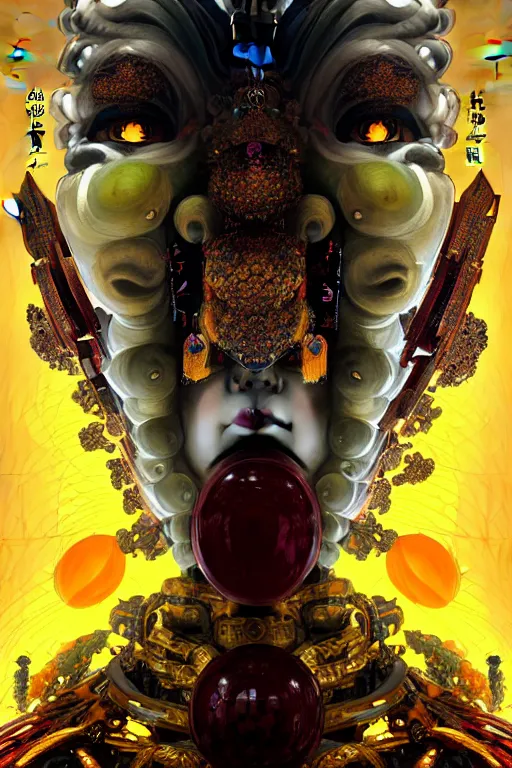 Image similar to asura from chinese myth, ghost, gorgeous and huge head ornaments, dystopian, cyberpunk, organic fractal mycelum and fungi, mecha, halfturn portrait of a big crystal face made of crystals half - turn, ominous, intricate, studio, art by anthony macbain + greg rutkowski + alphonse mucha, concept art, 4 k, sharp focus