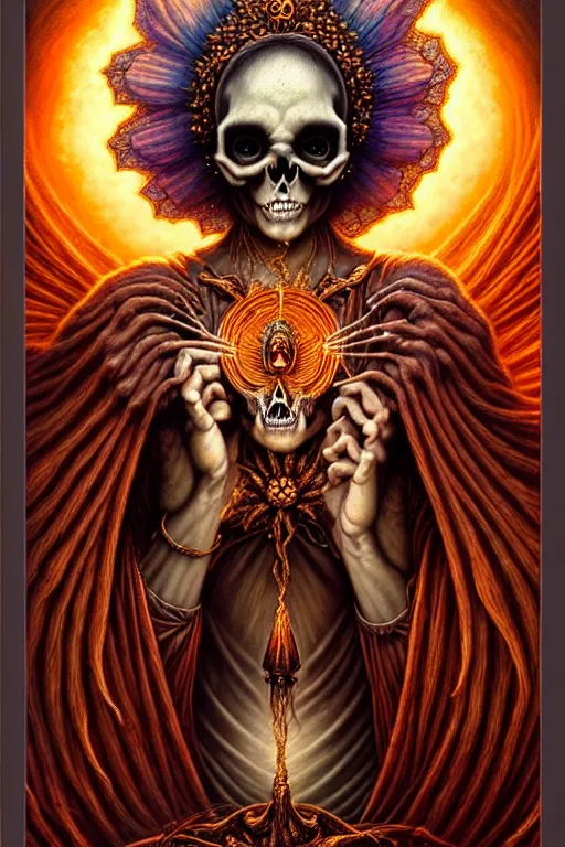 Image similar to A beautiful detailed godness woman super cute tarot card, by tomasz alen kopera and Justin Gerard, symmetrical features, ominous, magical realism, texture, intricate, ornate, royally decorated, skull, skeleton, whirling smoke, embers, red adornements, red torn fabric, radiant colors, fantasy, trending on artstation, volumetric lighting, micro details, 3d sculpture, ray tracing, 8k, anaglyph effect