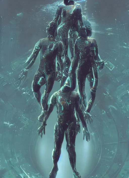 Image similar to astronauts in dark and empty void underwater - complex and hyperdetailed technical suit. reflection and dispersion materials. rays and dispersion of light. volumetric light. 5 0 mm, f / 3 2. noise film photo. flash photography. ultra realistic, wide angle. poster by wayne barlowe, hajime sorayama aaron horkey, craig mullins